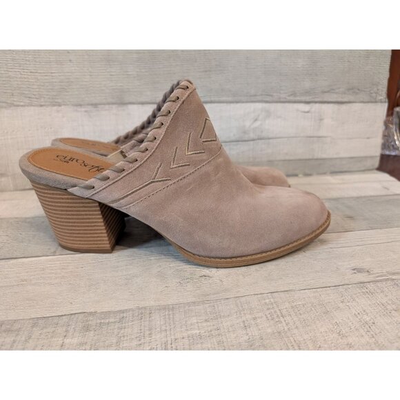 Taupe Eurosoft By Sofft Suede Mules  Embroidered Design Stacked Heel Size 9 - Picture 1 of 8